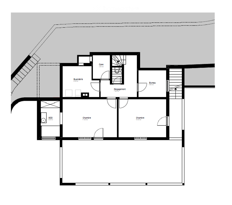 Floor plan of a house with a living room, two bedrooms, a bathroom, a hallway, and a staircase leading to an upper level.