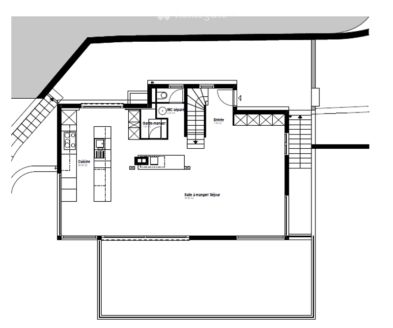 Floor plan of a house with a living room, kitchen, dining area, bathroom, and entrance.