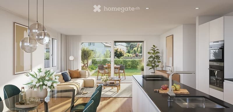 Open-plan living and dining area with a modern kitchen, large windows offering a view of the garden, and contemporary furniture including a sofa, coffee table, dining table, and chairs.