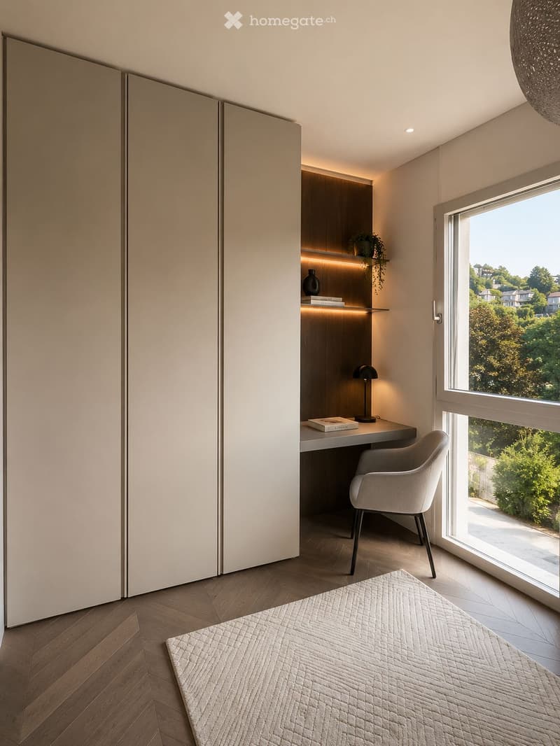 Modern, minimalist bedroom with a large window offering a scenic view, featuring a bed with a textured white quilt, a sleek desk with a chair, a built-in shelving unit with books and decor, and a contemporary lamp.