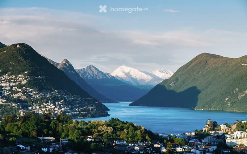 A scenic view of a town nestled between mountains and a lake, with snow-capped peaks in the background.