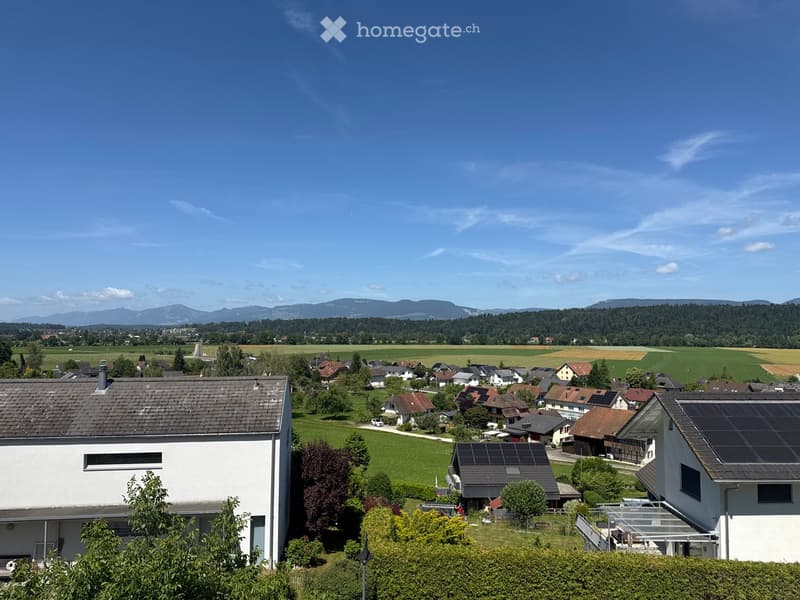 A rural village with scattered houses, green fields, and distant mountains under a clear blue sky.