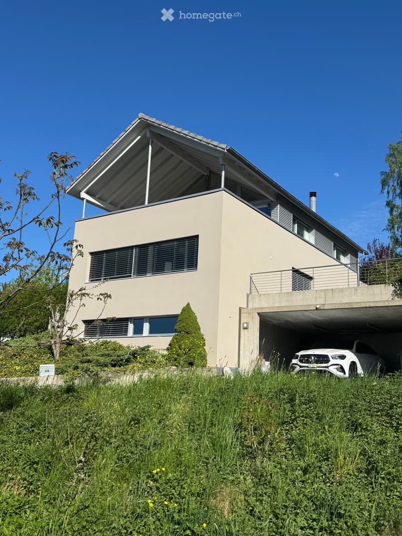 Modern two-story house with a flat roof, large windows, and a covered garage. The house is surrounded by greenery and has a raised ground floor.