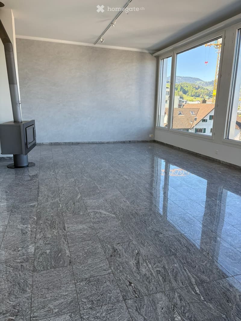 empty room, fireplace, large windows, marble floor
