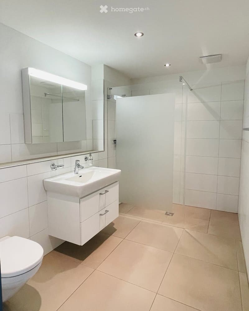 Modern bathroom with white tiles, a sink with a mirror, a toilet, and a glass-enclosed shower area.