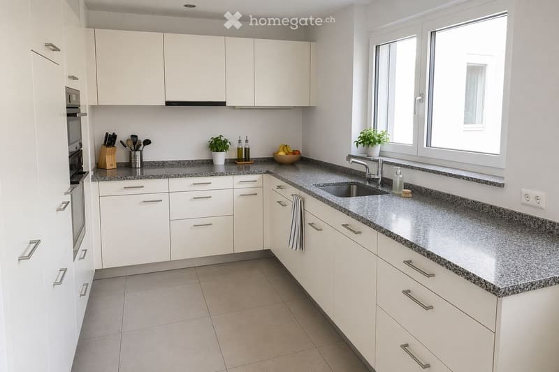 Modern kitchen with white cabinets, granite countertops, and stainless steel appliances. Features include a sink, oven, knife block, bowl, and small plants on the counter.