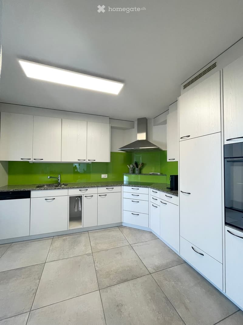 modern kitchen, white cabinetry, green backsplash, undermount sink, stainless steel appliances, built-in dishwasher and washer