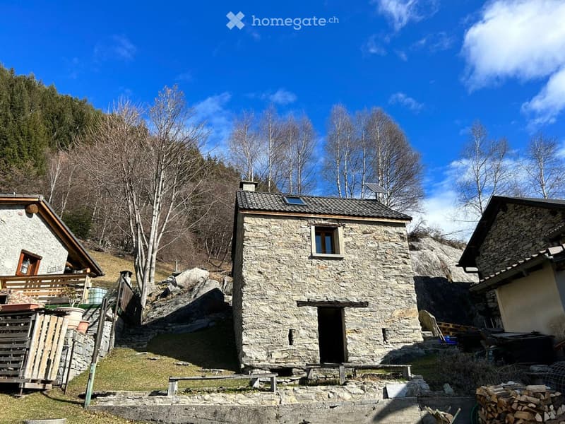 Stone-built rural house with a tiled roof, surrounded by trees and a grassy area.
