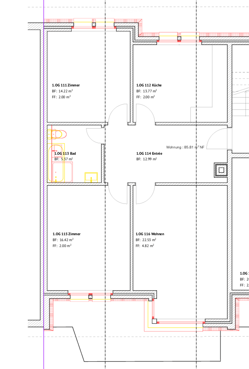 Floor plan of a 1st floor showing six rooms: two bedrooms, a kitchen, a bathroom, a living room, and an entrance area.