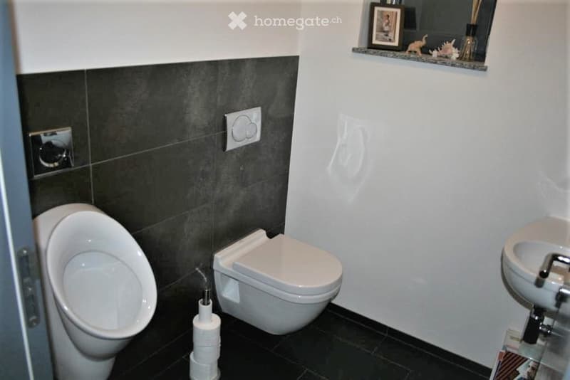 Modern bathroom with dark tiled walls, white fixtures including a toilet, urinal, and sink, and a small shelf with decorative items above the sink.
