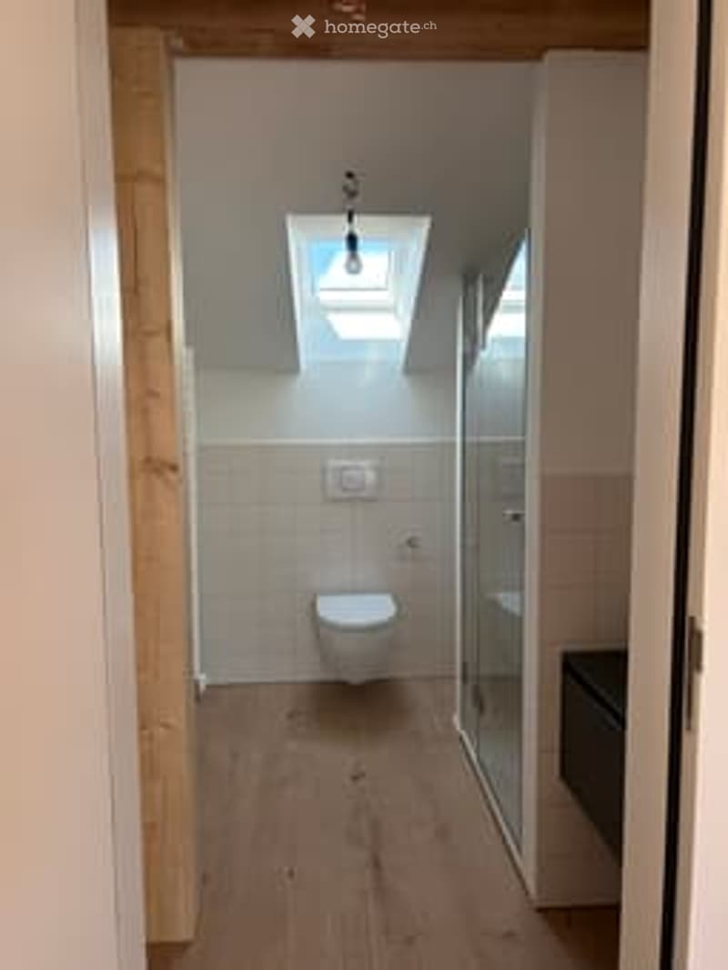Modern bathroom with wooden flooring, white tiled walls, a toilet, a glass-enclosed shower stall, and a skylight window above the toilet.