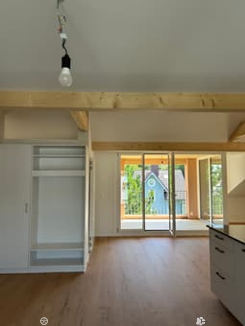 Bright, open-concept room with wooden flooring, white walls, exposed wooden beams, built-in closet, and large sliding glass doors leading to an outdoor area.