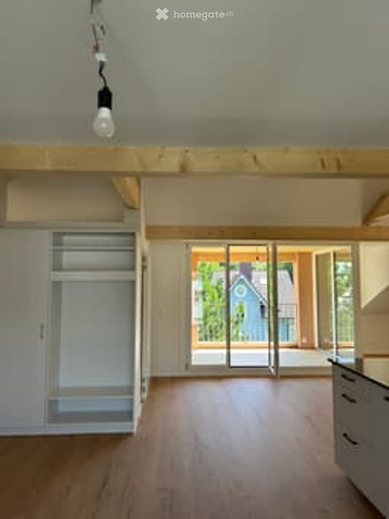 Bright, open-concept room with wooden flooring, white walls, exposed wooden beams, built-in closet, and large sliding glass doors leading to an outdoor area.