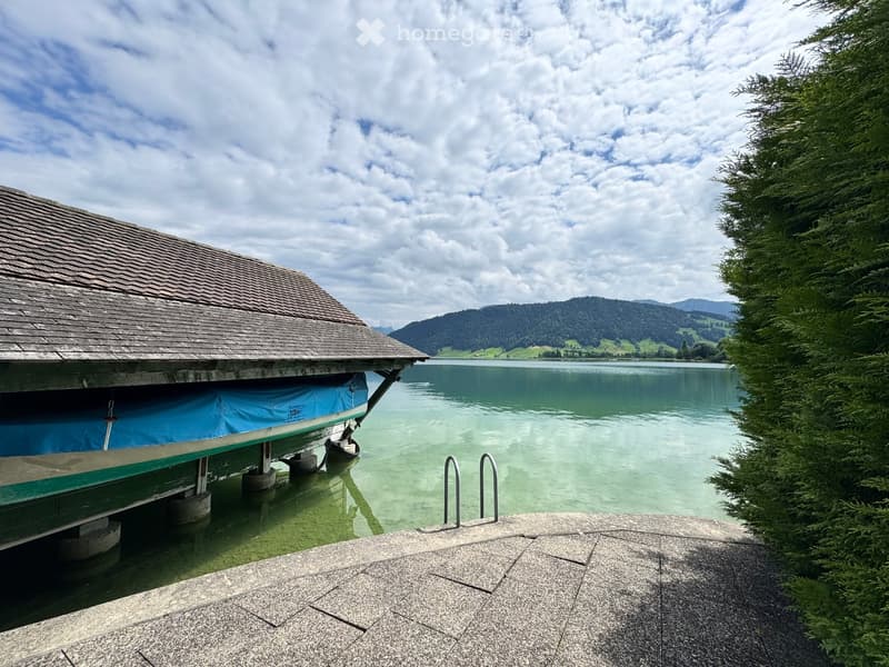 A wooden dock extends over a calm lake with a view of mountains in the background. The dock has a covered section and a small boat is visible under a blue cover.