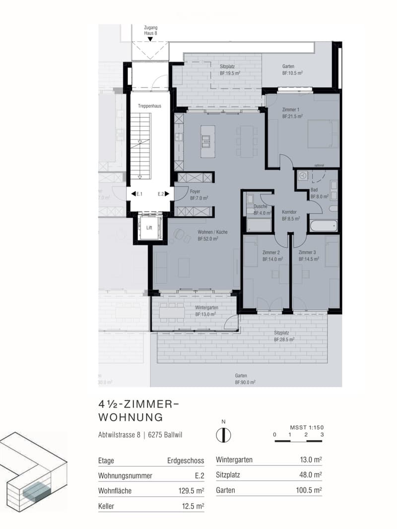 Floor plan of a 4.5-room apartment on the ground floor, including living room/kitchen, three bedrooms, bathroom, hallway, winter garden, and garden area.