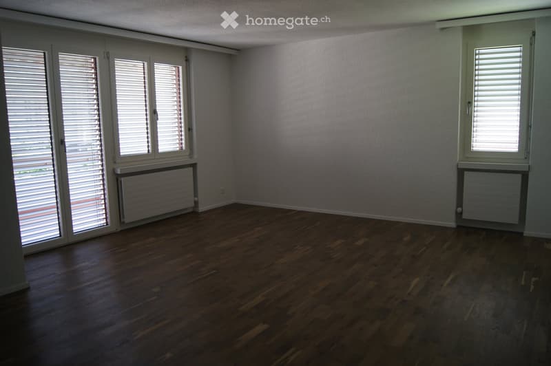 Empty room with wooden flooring, white walls, large windows with blinds, and radiators on both sides.