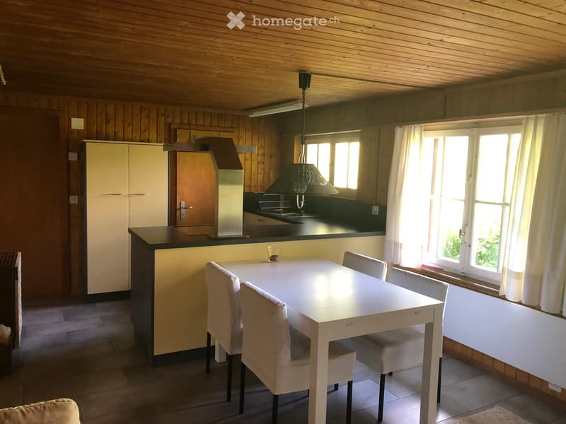 Bright, wooden-paneled room with a dining area and kitchen area. Features a white dining table with four chairs, a kitchen counter with cabinets, a sink, and a hanging light fixture.
