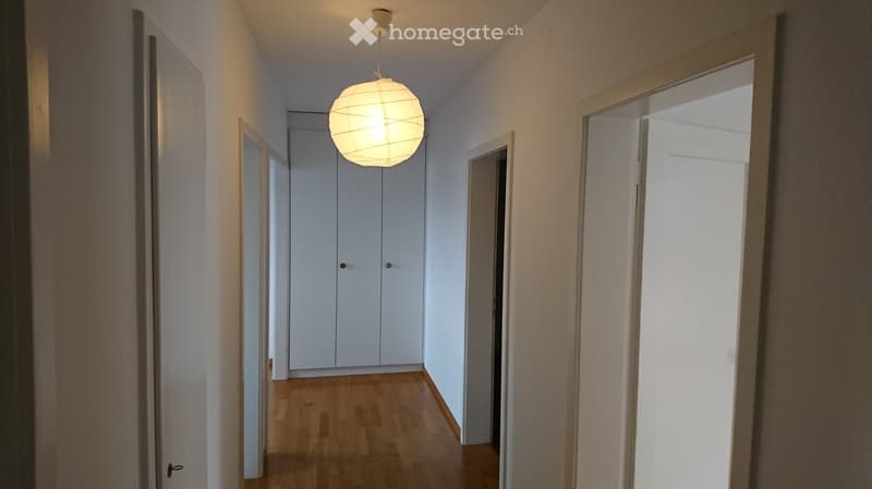 Empty hallway with wooden floor, white walls, white doors, and a hanging lamp