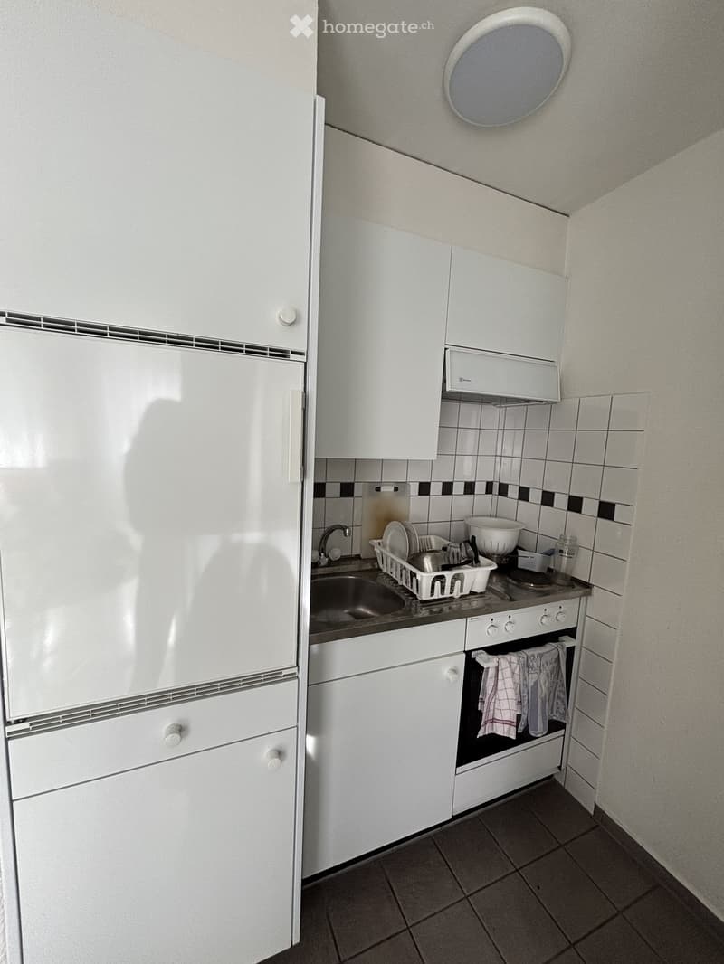 A compact kitchen with white cabinets, a stainless steel sink, a white refrigerator, and a stove with a dish rack on the counter.