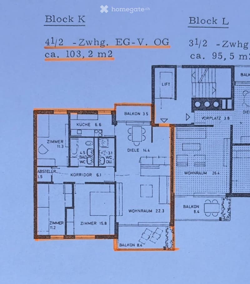 Floor plan of two apartments (Block K and Block L) showing living spaces, kitchen, bathrooms, balconies, and corridors.