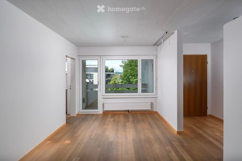Empty room with wooden flooring, white walls, large window with view, and a radiator below it.