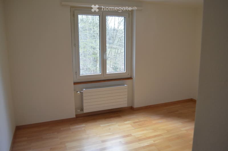 Empty room with wooden flooring, white walls, a window with white frames, and a radiator below the window.