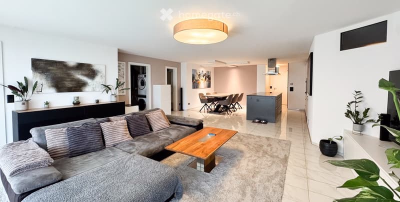 Modern open-plan living and dining area with a grey sectional sofa, wooden coffee table, dining table with chairs, kitchen island, and decorative plants.