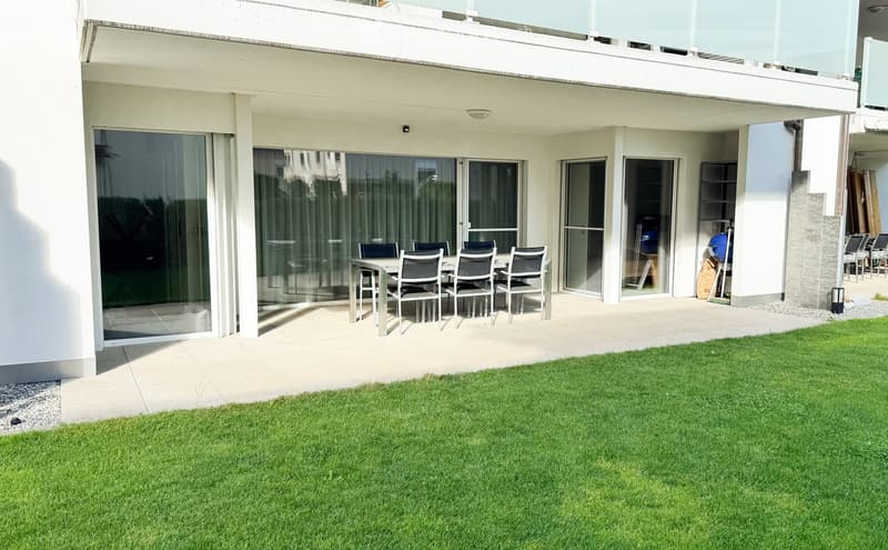 Modern outdoor patio with a dining set, large sliding glass doors, and a well-maintained lawn.