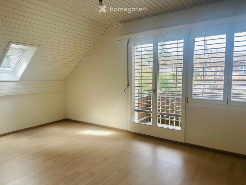 empty room, wooden floor, white walls, French doors with balcony, skylight window