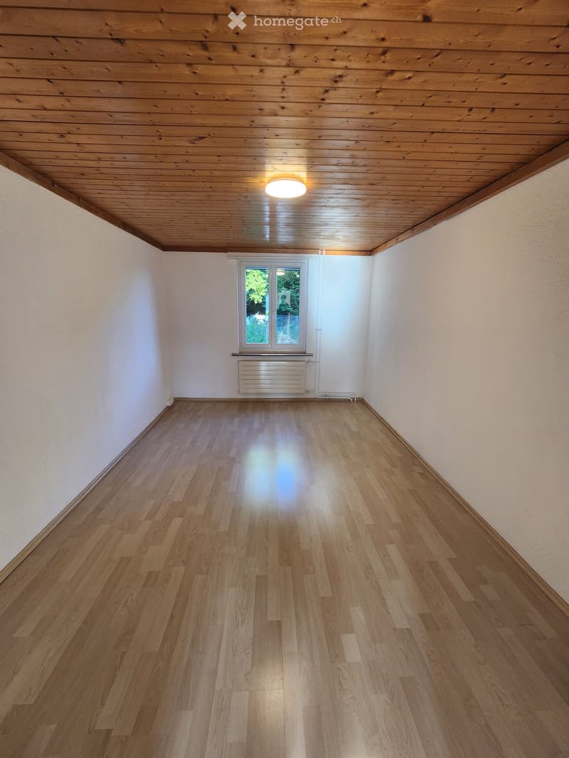 Empty room with wooden flooring, white walls, and a single window with a radiator below it. The ceiling is wooden with a central light fixture.