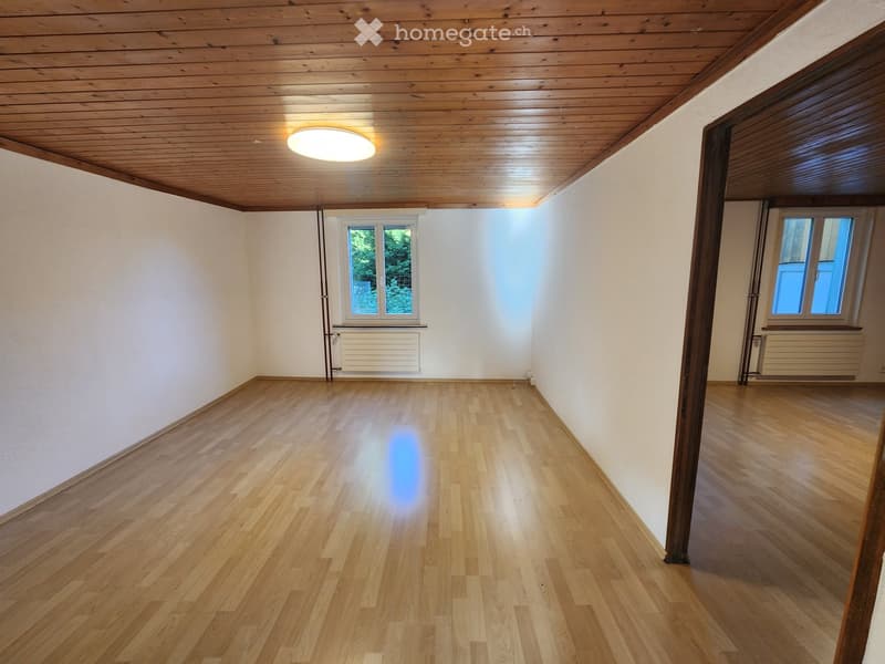 Empty room with wooden flooring, white walls, and wooden ceiling. Two windows with white frames and radiators below them.