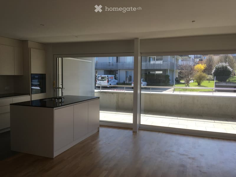 Bright, open-plan room with wooden flooring, large glass sliding doors leading to a balcony, and a modern kitchen area with a black countertop and white cabinets.