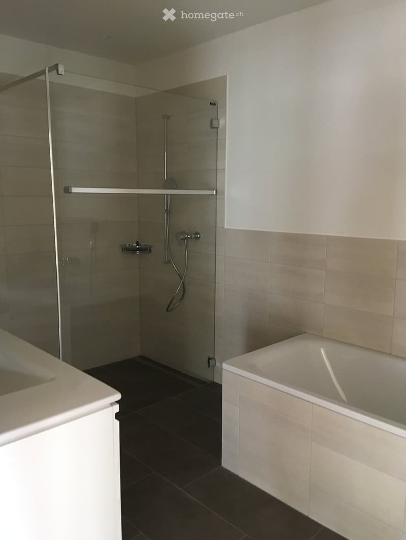 Modern bathroom with a bathtub, glass-enclosed shower, and sleek fixtures.