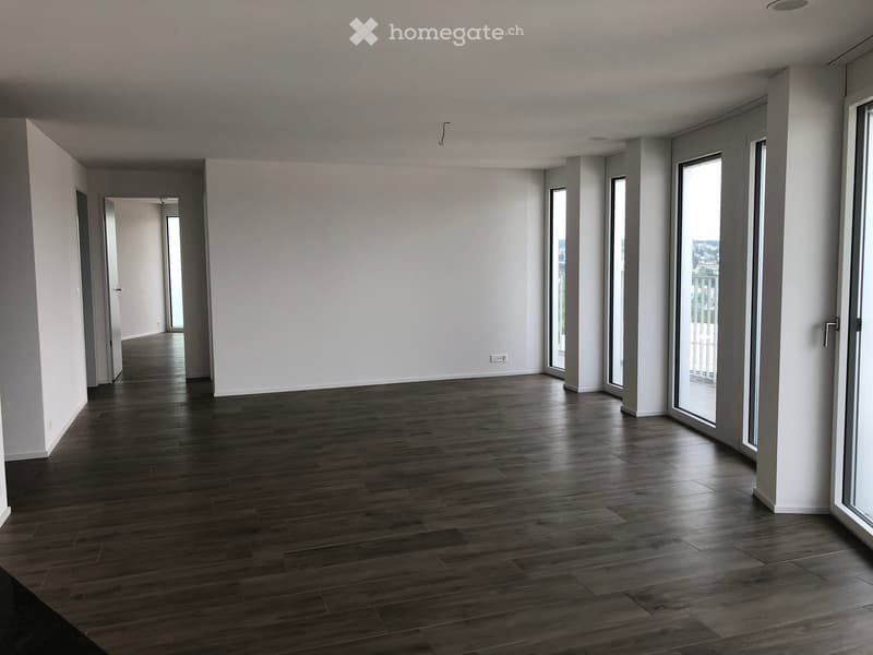 Empty hallway with dark wooden flooring, white walls, and large windows leading to a balcony area.