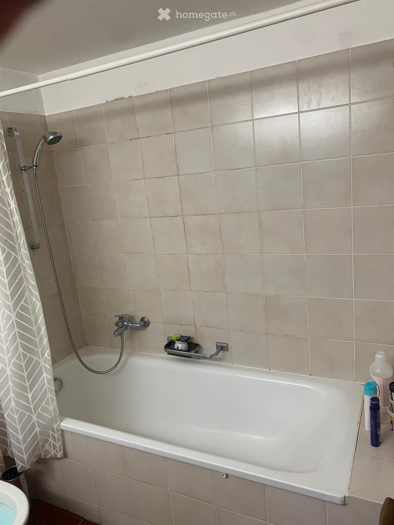 Bathtub with a handheld showerhead and a cup on the edge, along with a few bottles on the floor next to the tub.