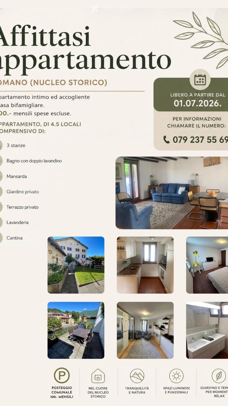 Real estate advertisement for a 4.5-room apartment in a historic area, featuring a living room, kitchen, 3 bedrooms, bathroom, attic, private garden, private terrace, laundry room, and pantry. Includes images of the living room, kitchen, bedroom, garden,