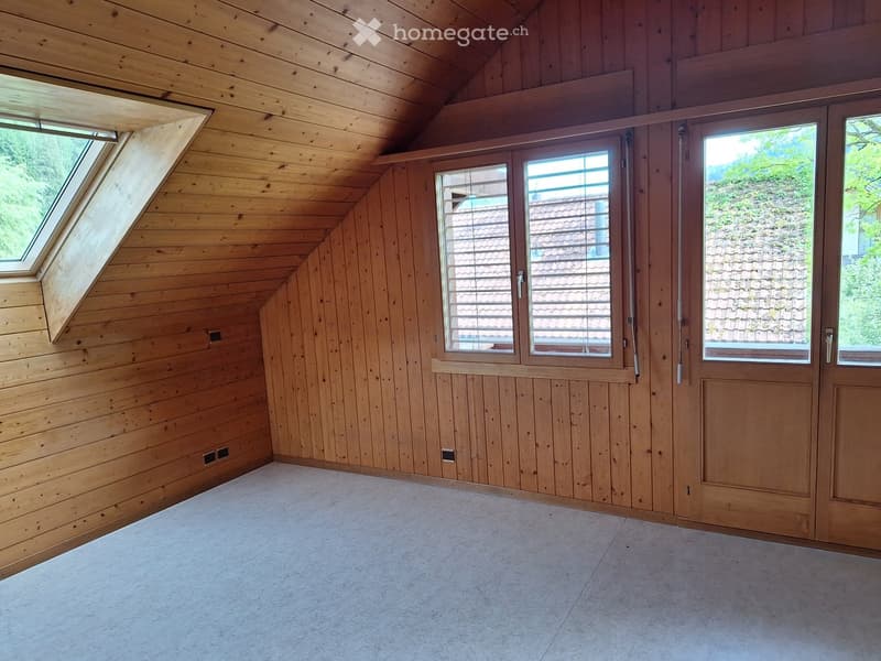 Empty room with wooden walls and ceiling, large windows, and a skylight, featuring a smooth concrete floor.