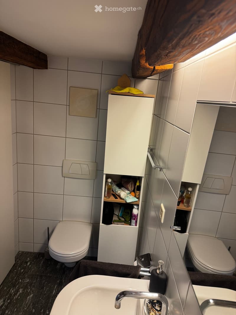 Modern bathroom with white tiles, two toilets, a sink with a chrome faucet, a white cabinet with shelves, and a mirror above the sink.