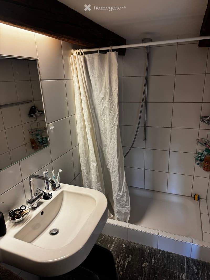 Modern bathroom with a white sink, chrome faucet, toothbrush holder, mirror, and a shower curtain. The walls are tiled in light gray, and the floor is dark marble.