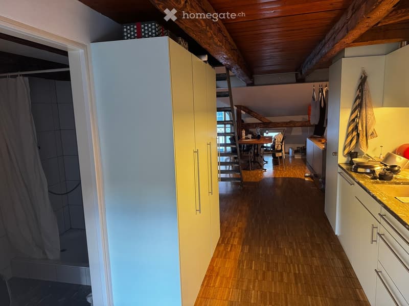 A well-lit, multi-functional room with a kitchen area, a dining area, and a small bathroom. The kitchen features white cabinets, a countertop, and various appliances. The dining area includes a table and chairs. The bathroom has a shower and a toilet. The