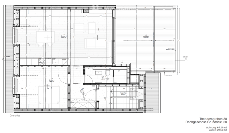 Floor plan of a residential unit showing a living room, kitchen, two bedrooms, bathroom, entrance, staircase, and terrace.