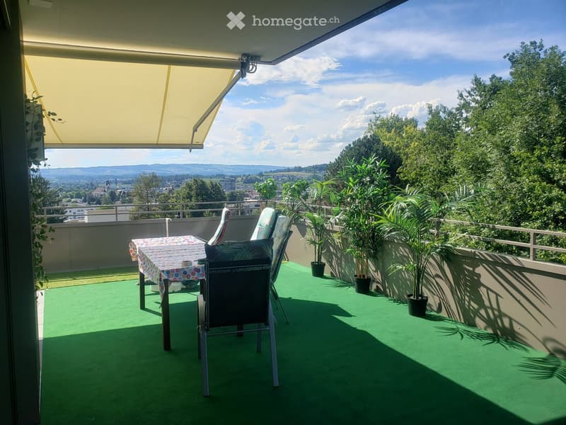 Balcony with green artificial turf, a table with a colorful tablecloth, and several potted plants, offering a scenic view of the city and surrounding landscape.