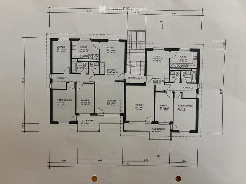 Floor plan of a two-story house with labeled rooms including living room, kitchen, bedrooms, bathrooms, and balconies.