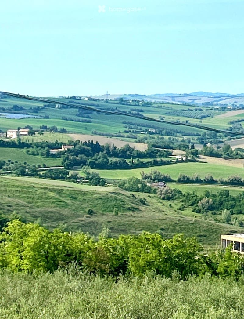 A panoramic view of a lush, green countryside with rolling hills, scattered trees, and small farmhouses. The foreground features dense vegetation, while the background shows open fields and distant hills.