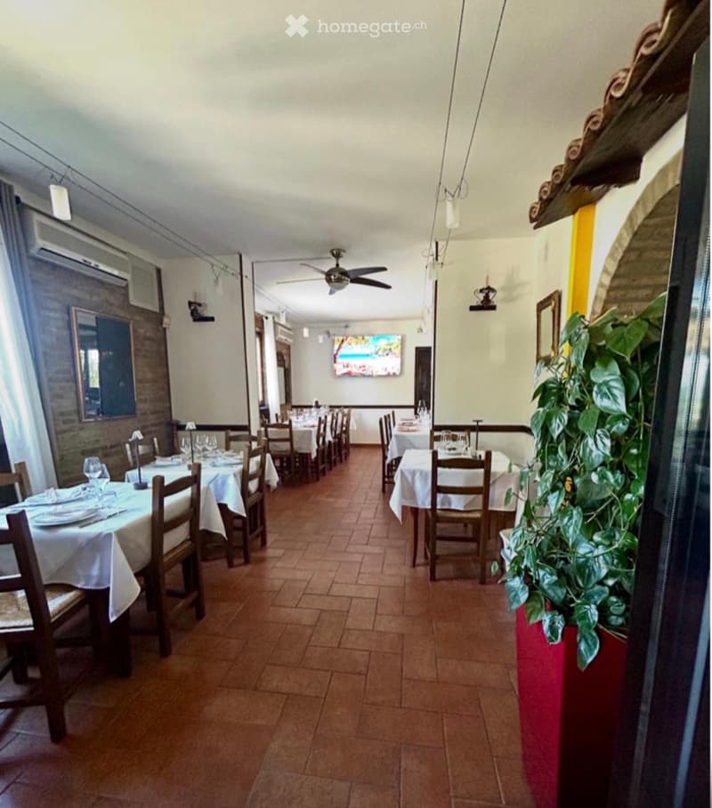 Restaurant interior with multiple tables and chairs, each set with plates, glasses, and napkins. A ceiling fan is visible, along with a painting on the wall and a large plant in a red pot.