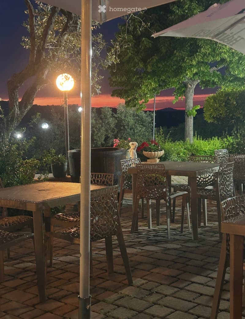 An outdoor dining area with wooden tables and chairs, surrounded by trees and plants, illuminated by string lights.