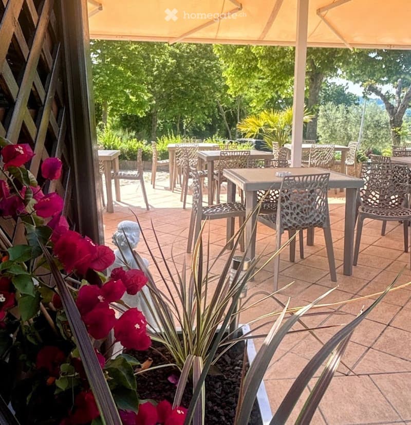 An outdoor patio area with tables and chairs under a large umbrella, surrounded by greenery and flowers.