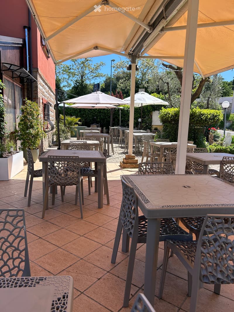 Outdoor seating area with tables, chairs, and umbrellas under a large canopy, surrounded by greenery and a building.