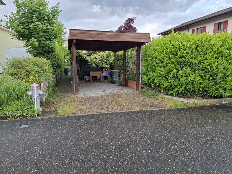 Driveway leading to a wooden carport with a covered area, surrounded by greenery and bushes. A fire hydrant is visible on the left side.