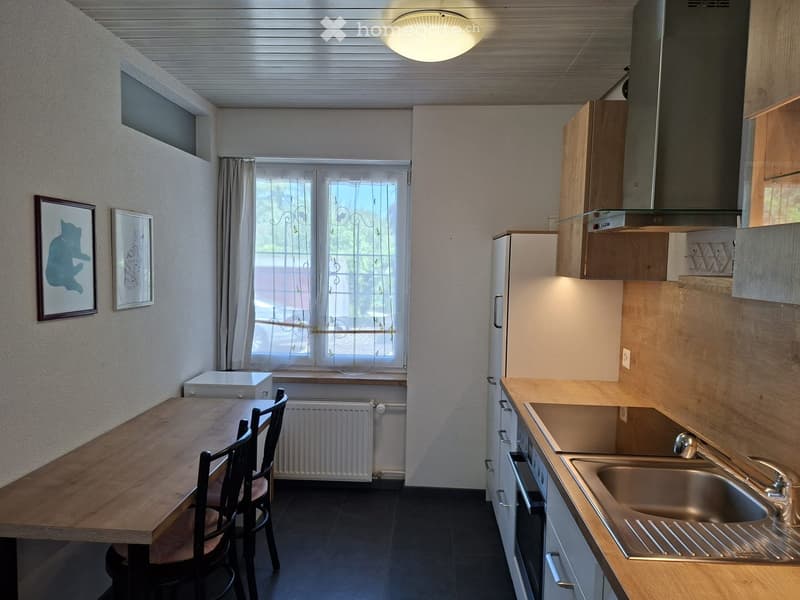 A compact kitchen and dining area with a wooden table, chairs, a refrigerator, sink, and cabinets.